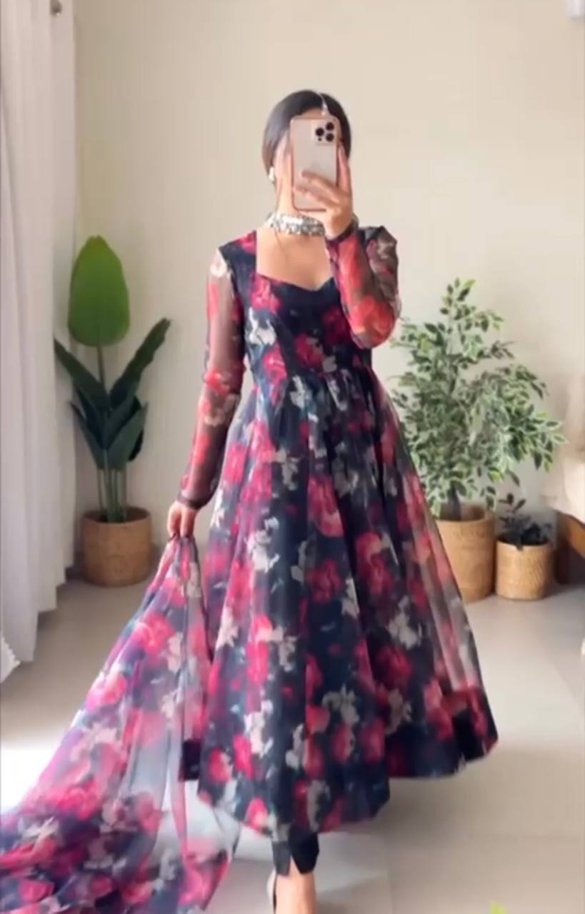 Navy Blue Anarkali Gown in Organza with Digital Print - Clot