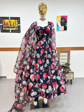Load image into Gallery viewer, Navy Blue Anarkali Gown in Organza with Digital Print ClothsVilla