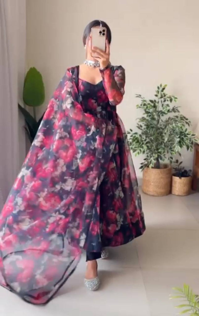 Navy Blue Anarkali Gown in Organza with Digital Print ClothsVilla