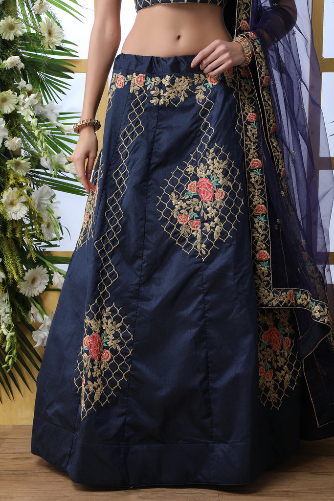 Navy Blue Bridal Lehenga With Thread Embroidered Work And Enhance Stone Pasting Work For Indian Bridal Wedding, Party Wears Lehenga Choli ClothsVilla