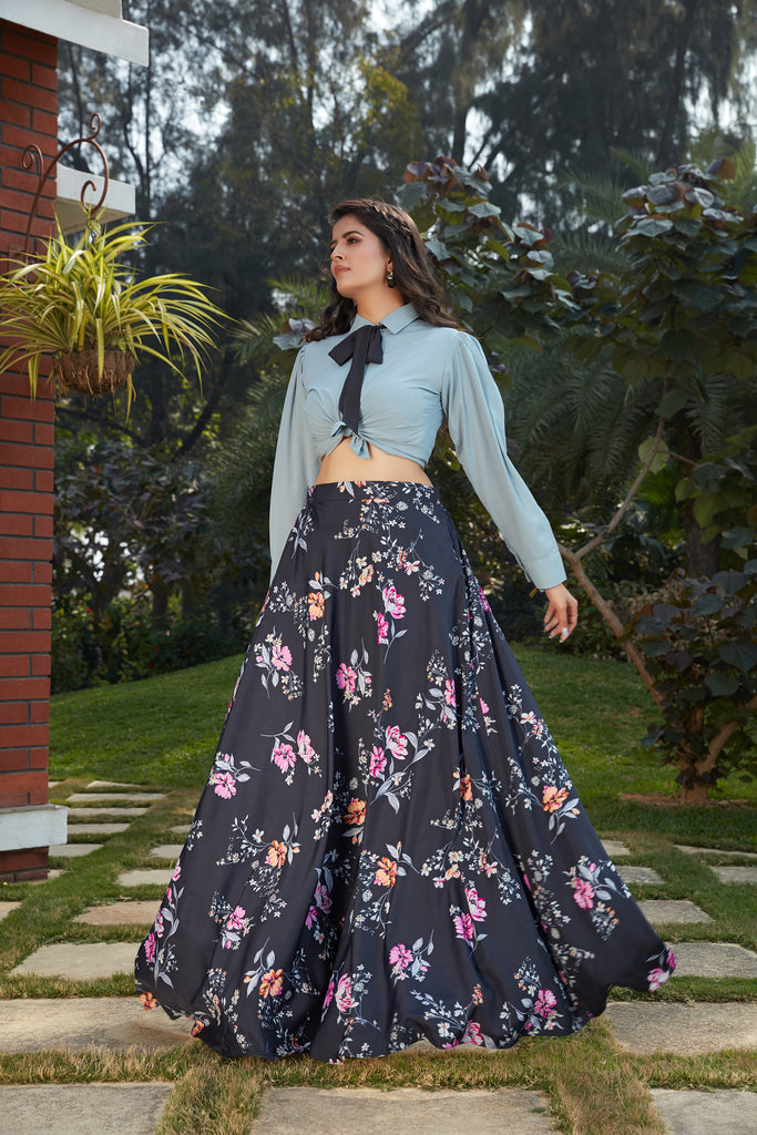 Navy Blue Floral Crepe Indo Western Ready To Wear Skirt With Crop Top ClothsVilla