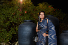 Load image into Gallery viewer, Navy Blue Foil Work Silk Party Wear Pleated Saree With Blouse ClothsVilla