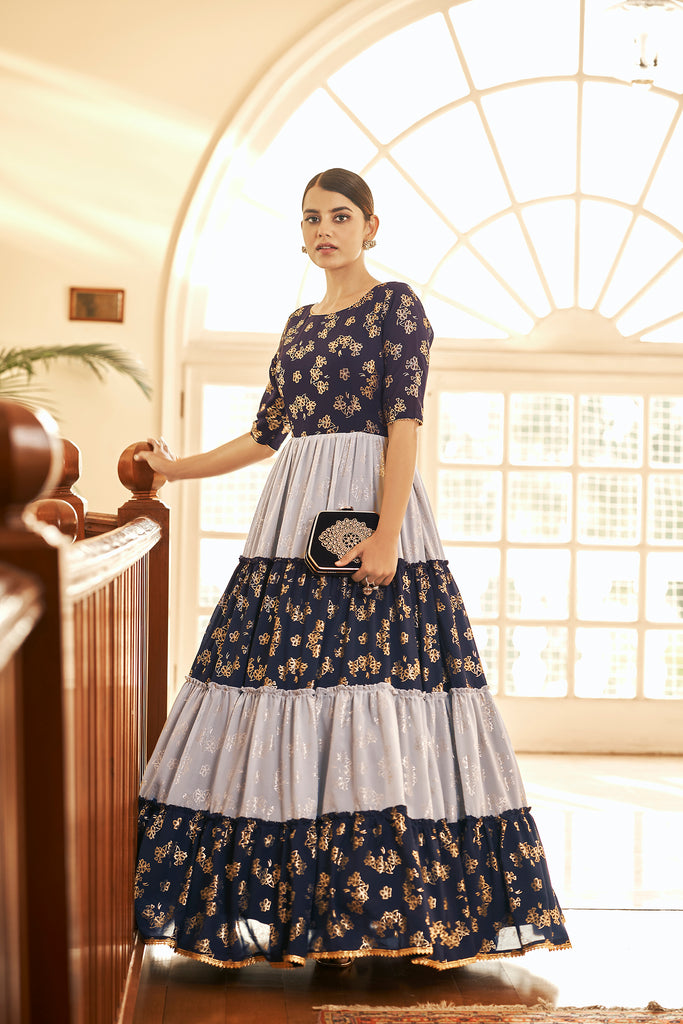 Navy Blue Semi Stitched Georgette Foil Print Long Gown ClothsVilla