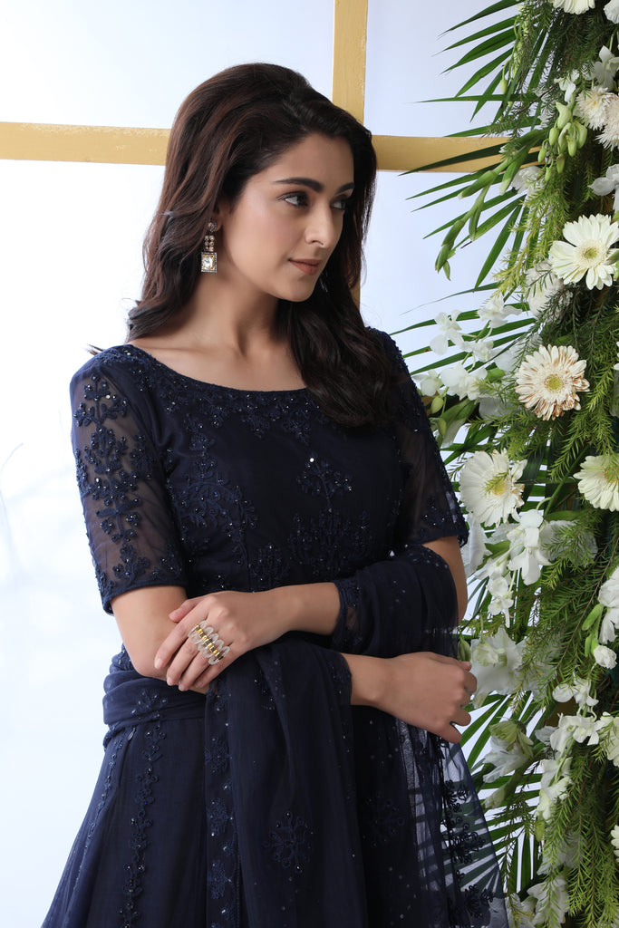 Navy Blue Thread Embroidered Net Party Wear Anarkali Gown With Dupatta ClothsVilla