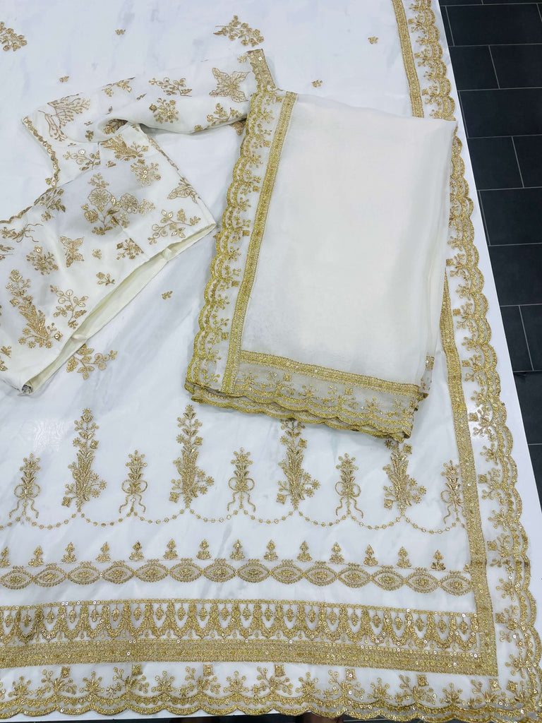 Off-White Half Sleeves Organza Silk Saree Clothsvilla