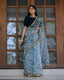 Off-white with Grey Lace Work Flower Print Organza Saree Clothsvilla