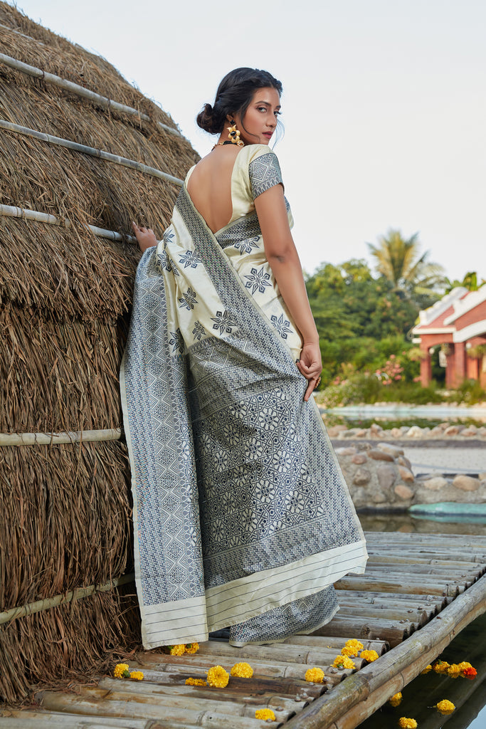Off White Weaving Banarasi Silk Festival Wear Saree ClothsVilla