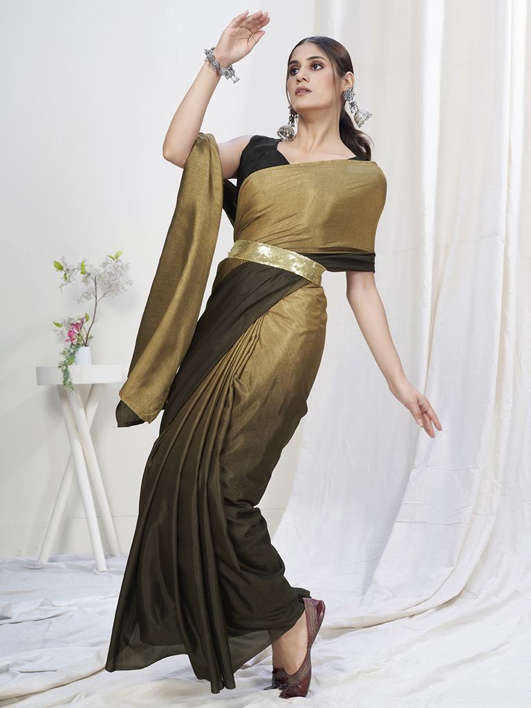 Olive Green-Brown Ready to Wear One Minute Lycra Saree ClothsVilla