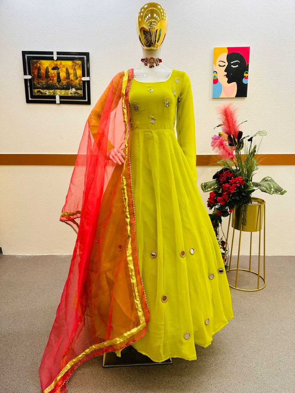 Olive Yellow Anarkali Gown Set in Faux Georgette with Dupatta - Clothsvilla XL-42 Olive Yellow Anarkali Gown Set in Faux Georgette with Dupatta - Clothsvilla XL-42