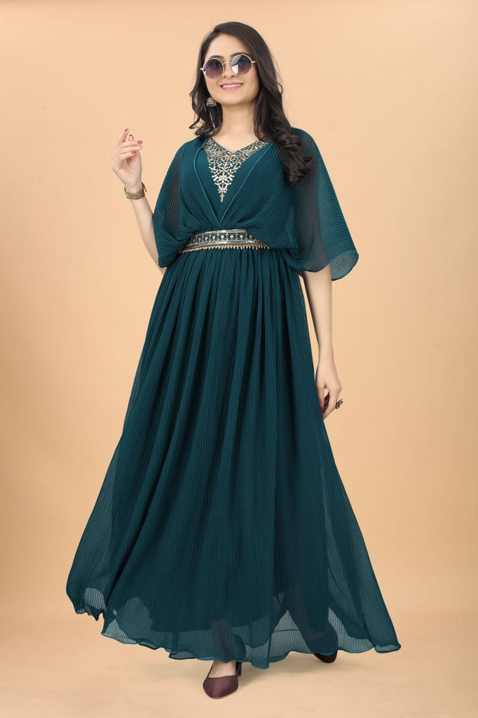Party Wear Teal Blue Color Fancy Pleated Designer Gown Clothsvilla