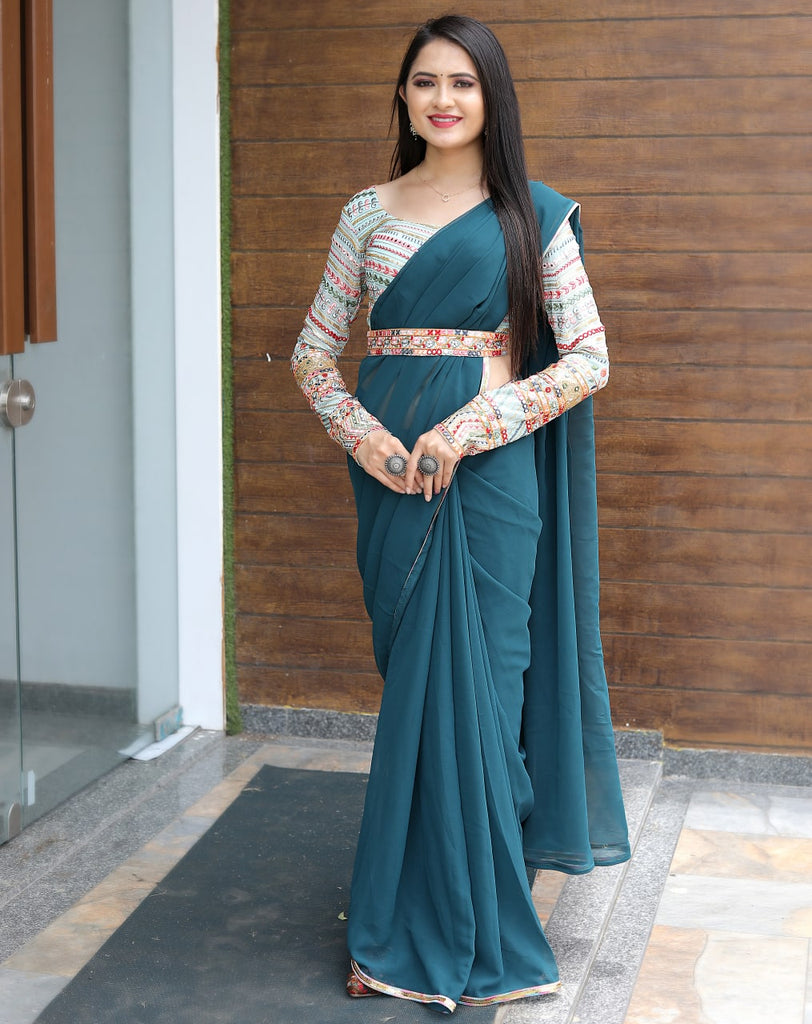 Party Wear Teal Blue Saree With Fancy Thread Sequence Belt & Blouse Clothsvilla
