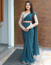 Load image into Gallery viewer, Party Wear Teal Blue Saree With Fancy Thread Sequence Belt &amp; Blouse Clothsvilla