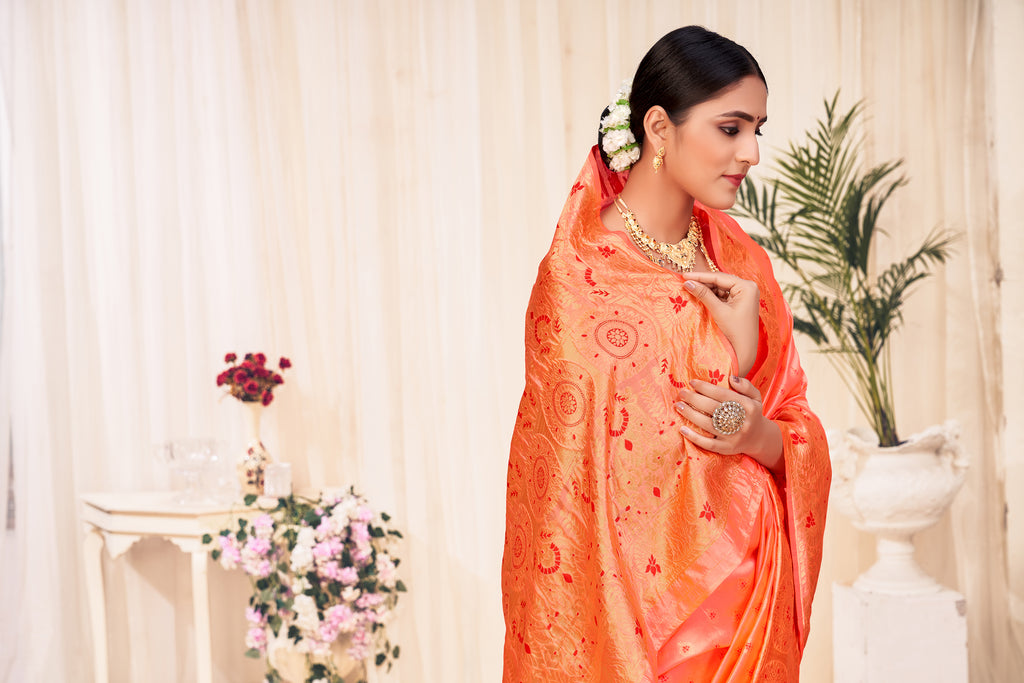 Peach Banarasi Silk Wedding Wear Saree With Blouse ClothsVilla
