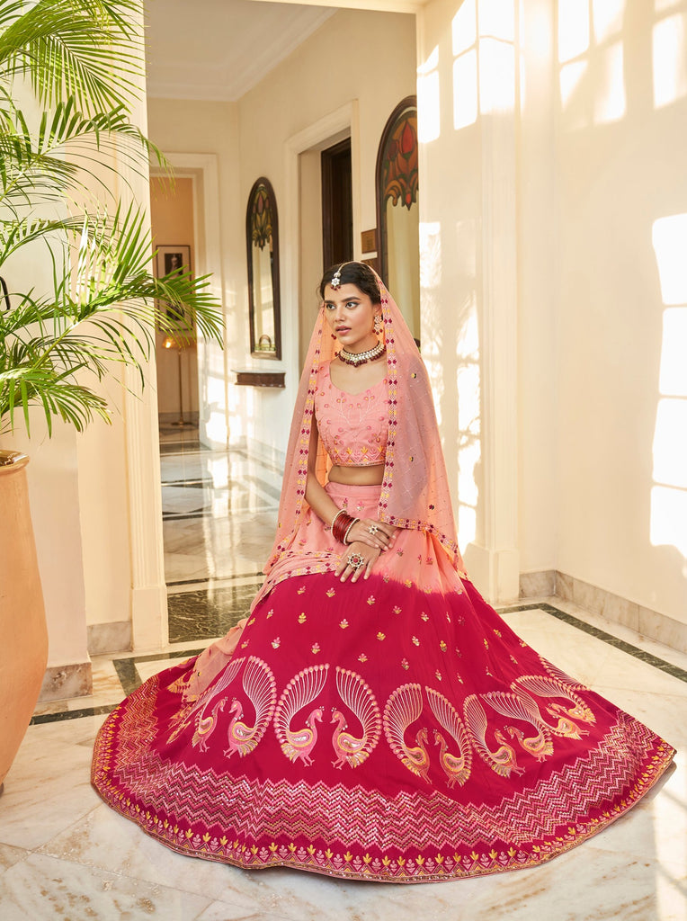 Peach Deep Pink Thread And Sequins Embroidered Work Art Silk Festive & Party Wear Semi Stitched Lehenga ClothsVilla