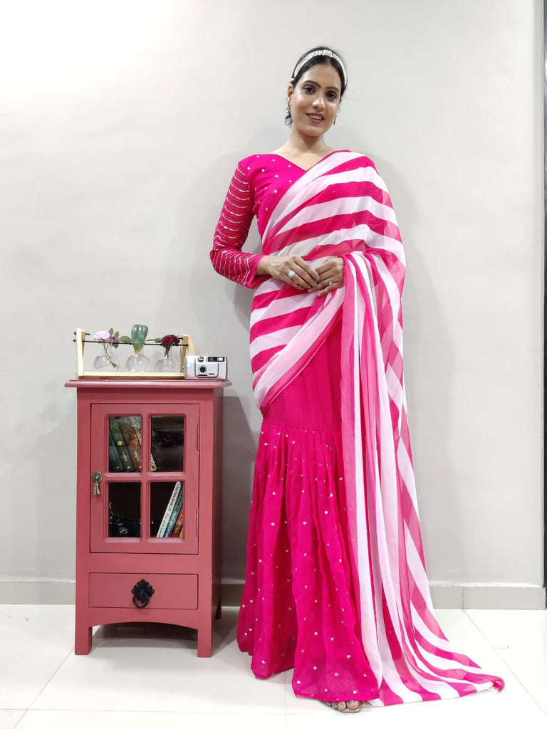 Pink Stripe Printed Lehenga Saree In Georgette Clothsvilla