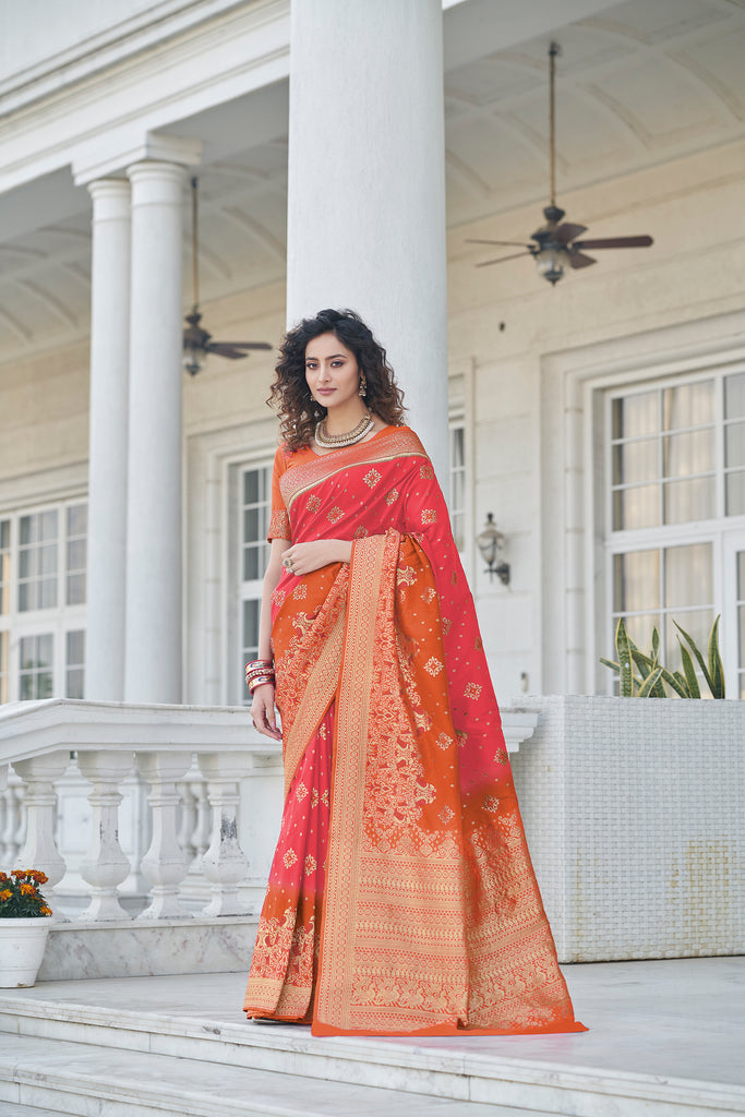 Pink Color Banarasi Silk Base Half And Half Silk Weave Saree ClothsVilla
