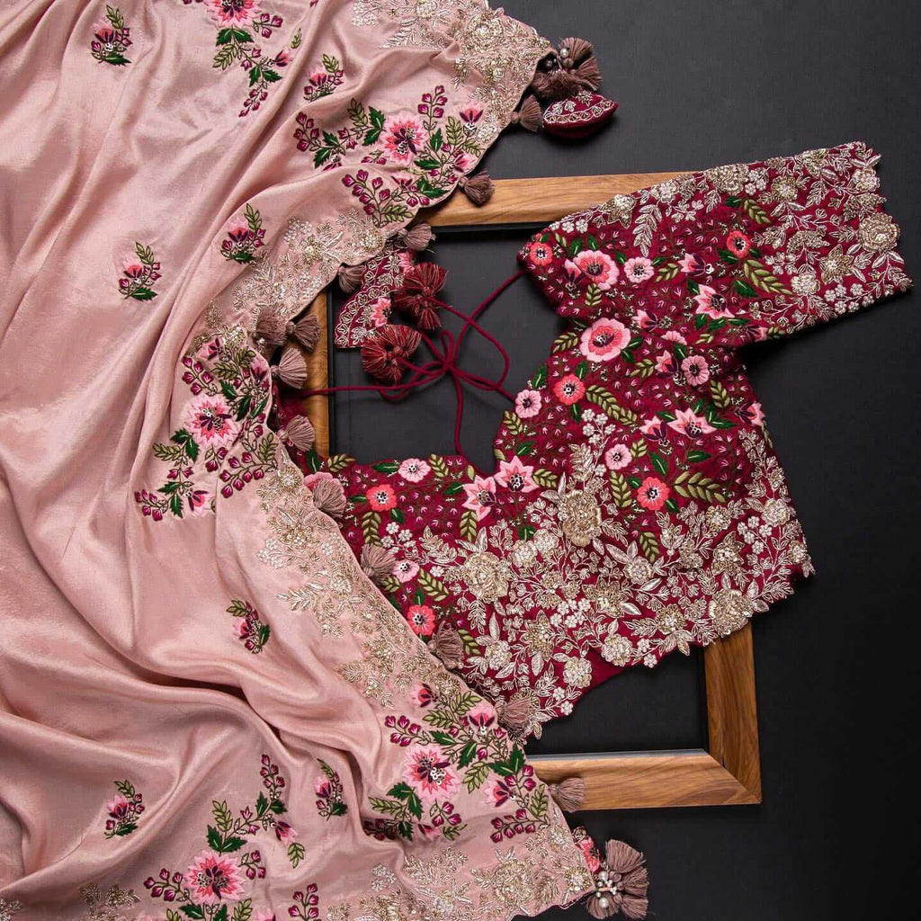 Pink Saree In Organza Silk With Resham And Zari Work Clothsvilla