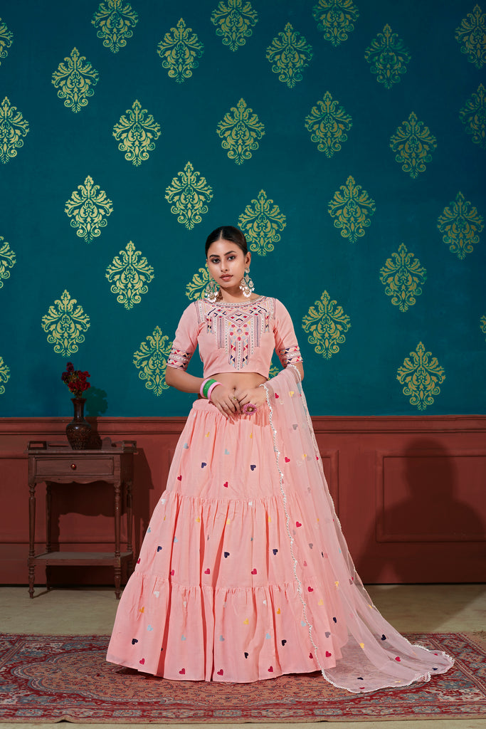 Pink Thread With Sequins Embroidered Cotton Semi Stitched Lehenga ClothsVilla