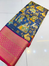 Load image into Gallery viewer, Ephemeral Royal Blue Kalamkari Printed Saree With Demesne Blouse Piece Policona-Kanjivaram Silk