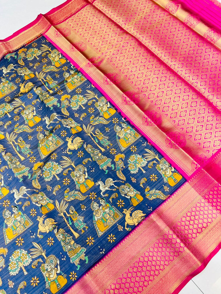 Ephemeral Royal Blue Kalamkari Printed Saree With Demesne Blouse Piece Policona-Kanjivaram Silk