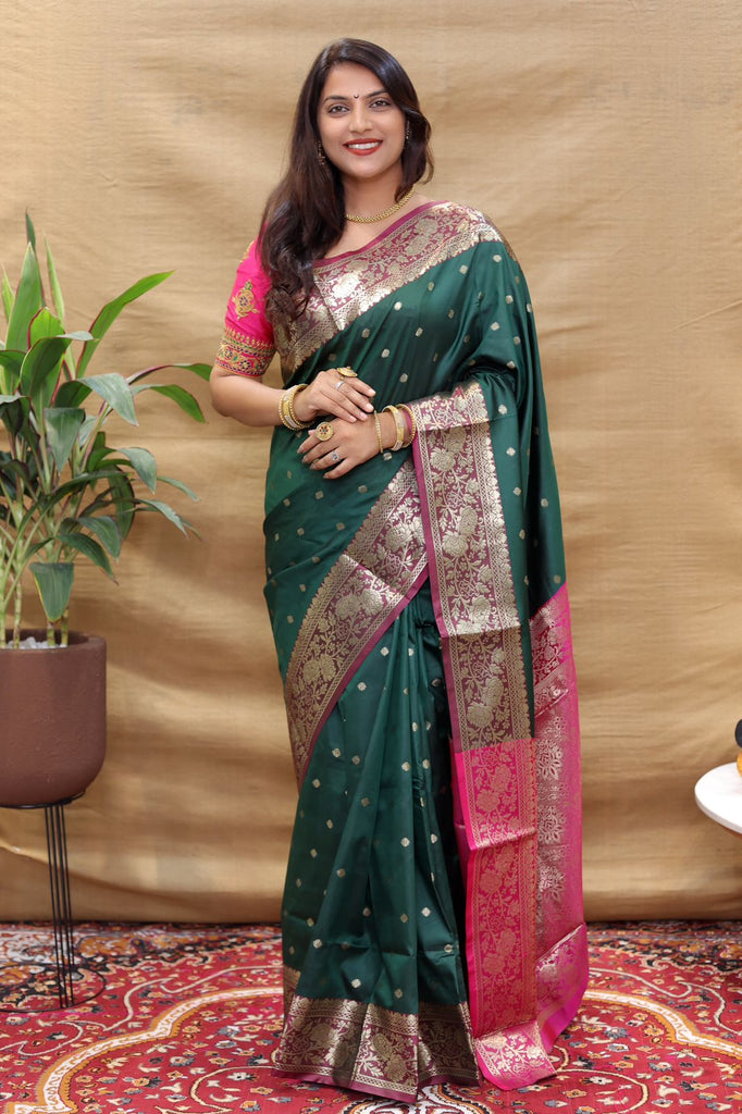 Palimpsest Dark Green Soft Banarasi Silk Saree With Stunner Blouse Piece Policona-Banarasi Silk