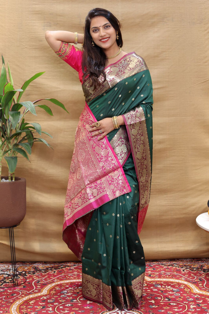 Palimpsest Dark Green Soft Banarasi Silk Saree With Stunner Blouse Piece Policona-Banarasi Silk