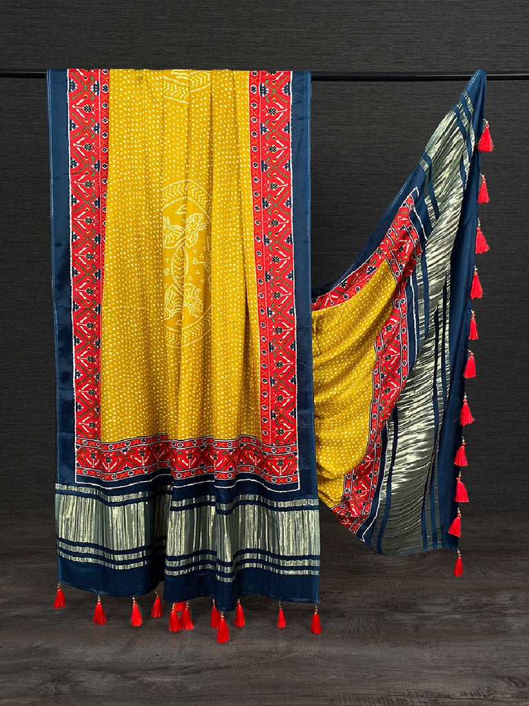 Mustard Color Digital Bandhani Printed Pure Gaji Silk Dupatta With Tassels Clothsvilla