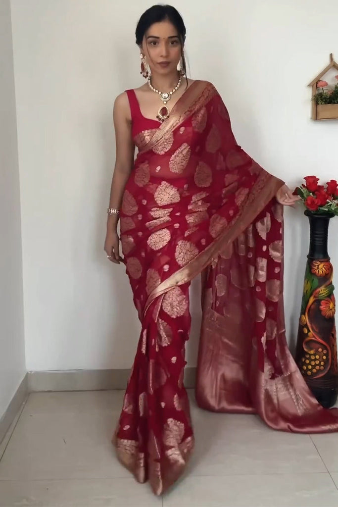 Delightful  1-Minute Ready To Wear Red Cotton Silk Saree RTW
