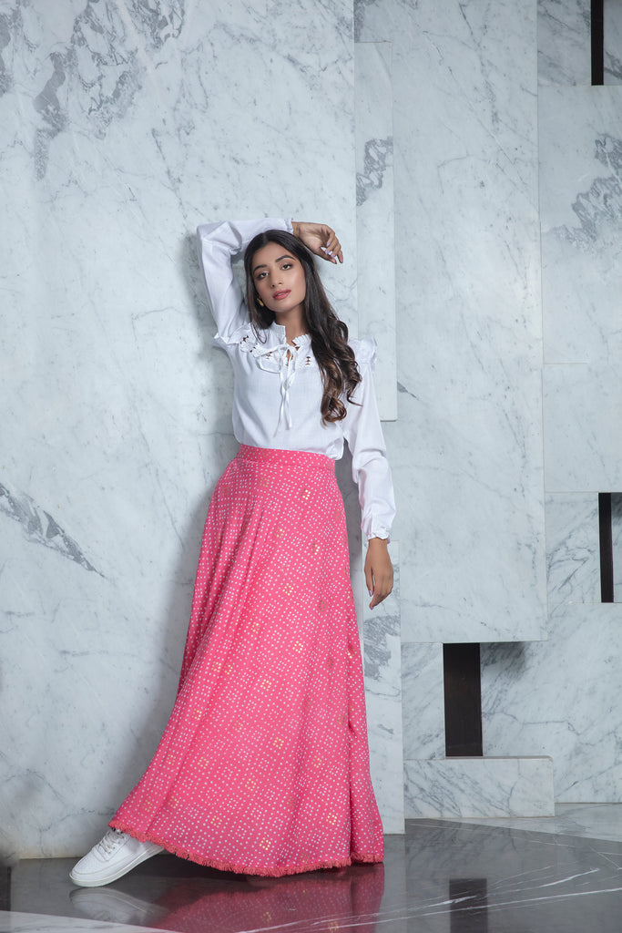 Readymade Pink Bandhni Printed Crepe Indo Western Skirt With White Top ClothsVilla