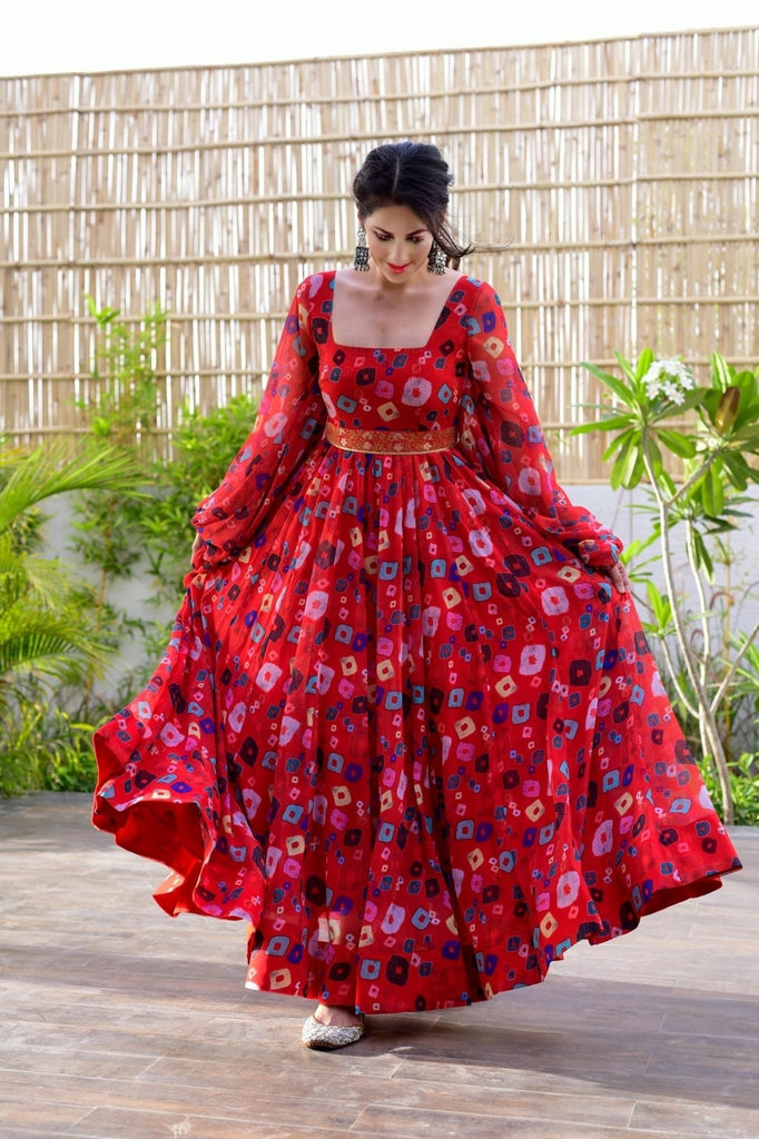 Red Color Trendy Georgette Floral Print Women's Gown ClothsVilla