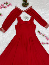 Load image into Gallery viewer, Red Faux Georgette Fancy Sleeves Gown ClothsVilla