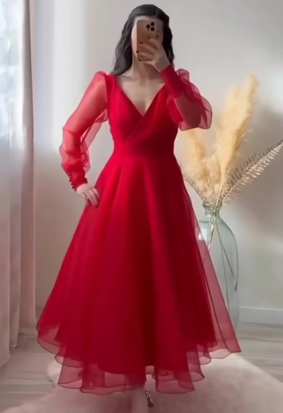 red prom dress with sleeves Boho Dark Dresses Oversized loveangeldress Tulle 3 Red Prom Dresses V-Neck Puffy