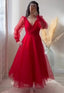 Red Prom Dresses V-Neck Puffy Sleeves A-Line Evening Gown for Wedding Clothsvilla