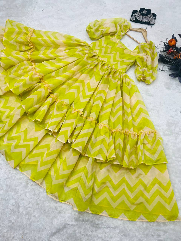 Ruffle Style Parrot Green Color Organza Dress Clothsvilla