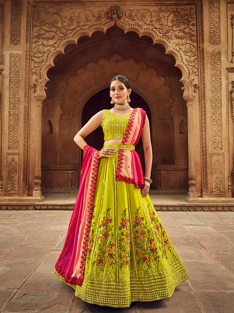 Fluorescent Green Thread And Sequins Embroidered Georgette Festive & Party Wear Semi Stitched Lehenga Clothsvilla