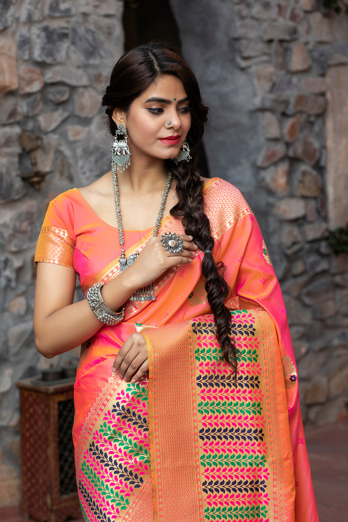 Sangeet Wear Peach Color Art Silk Fabric Fancy Weaving Work Saree ClothsVilla
