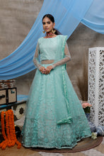 Load image into Gallery viewer, Seductive Mint Green Thread Embroidered With Stone Pasting Net Designer Gown With Dupatta Semi Stitched ClothsVilla
