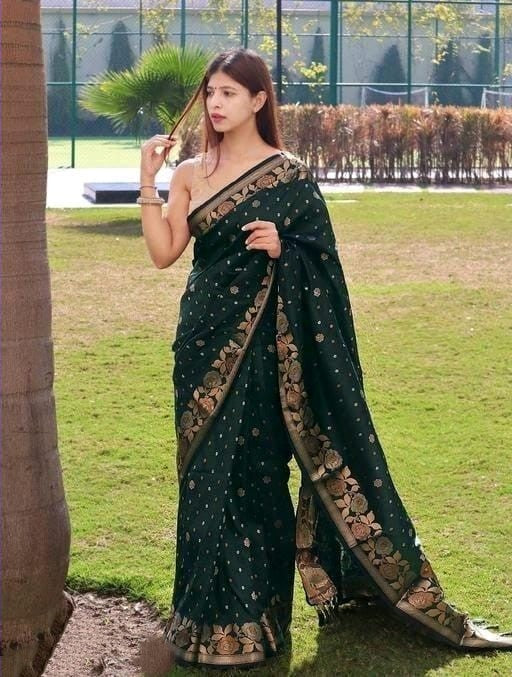 Embrocation Dark Green Soft Banarasi Silk Saree With Elision Blouse Piece Shriji