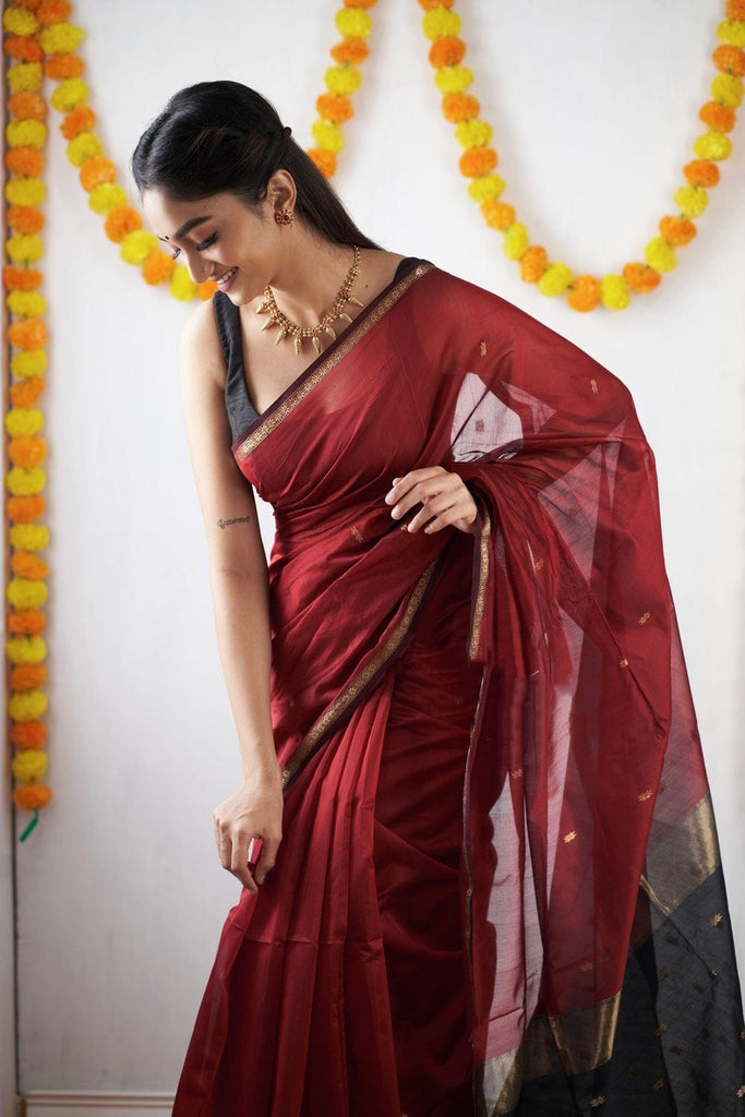 Engaging Red Cotton Silk Saree With Redolent Blouse Piece Shriji