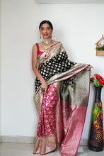 Load image into Gallery viewer, Vestigial 1-Minute Ready To Wear Black Soft Silk Saree RTW