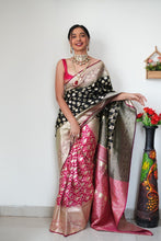 Load image into Gallery viewer, Vestigial 1-Minute Ready To Wear Black Soft Silk Saree RTW