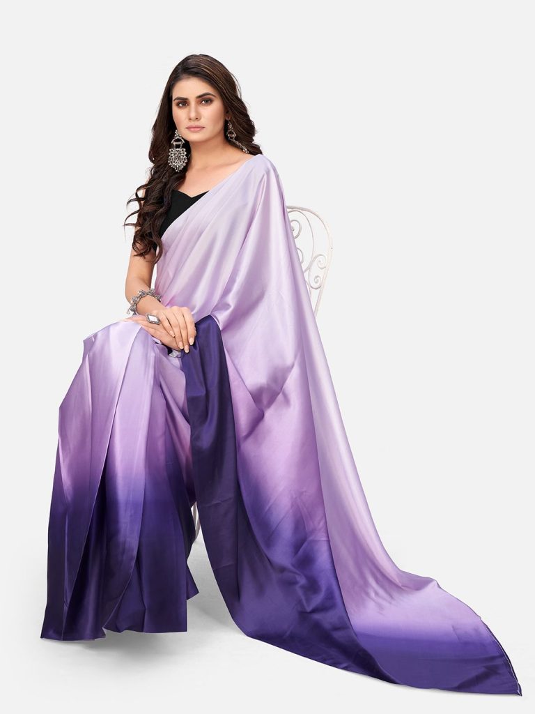 Stunning Purple and White Satin ready to Wear Saree ClothsVilla