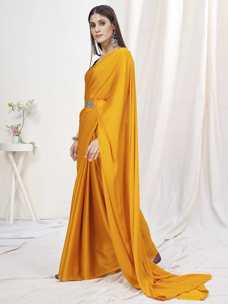 Sunshine Orange Pre-Stitched Blended Silk Saree ClothsVilla