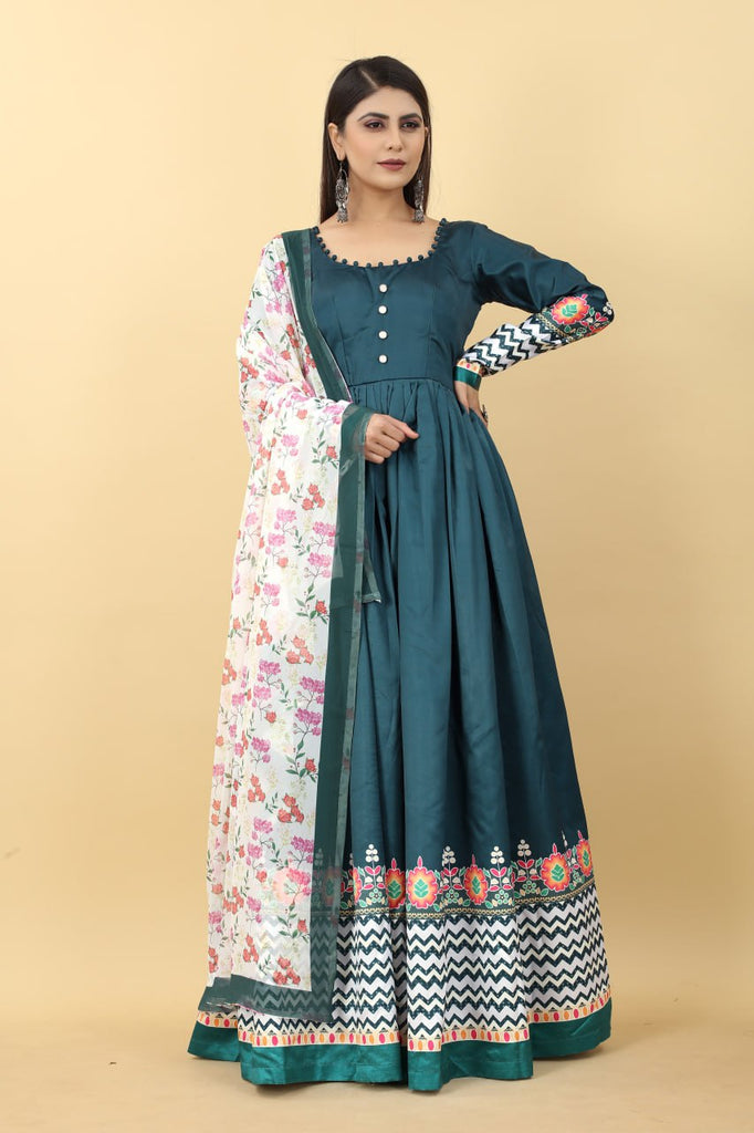 Teal Blue Color Printed Malai Silk Gown Clothsvilla