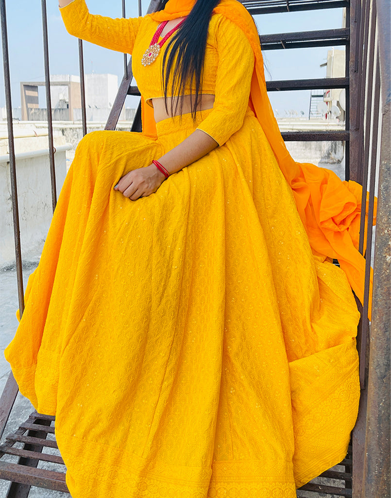Yellow Stitched Designer Anarkali Lehenga in Rayon with Lucknowi Chikankari Work ClothsVilla