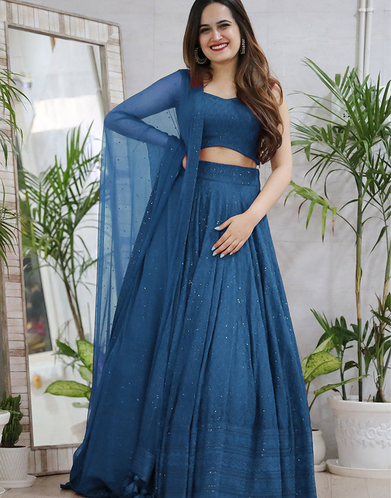 Turquois Blue Rayon Lucknowi Chikankari Work Stitched Lehenga Choli ClothsVilla