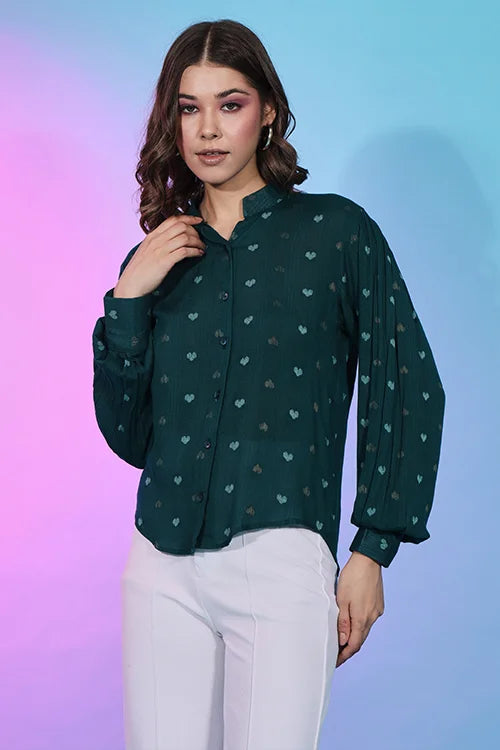Western Style Green Viscose Rayon Self Design Collar Pattern Top ClothsVilla.com