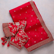 Load image into Gallery viewer, Red Bridal Organza Saree with Heavy Sequins and Dori work ClothsVilla