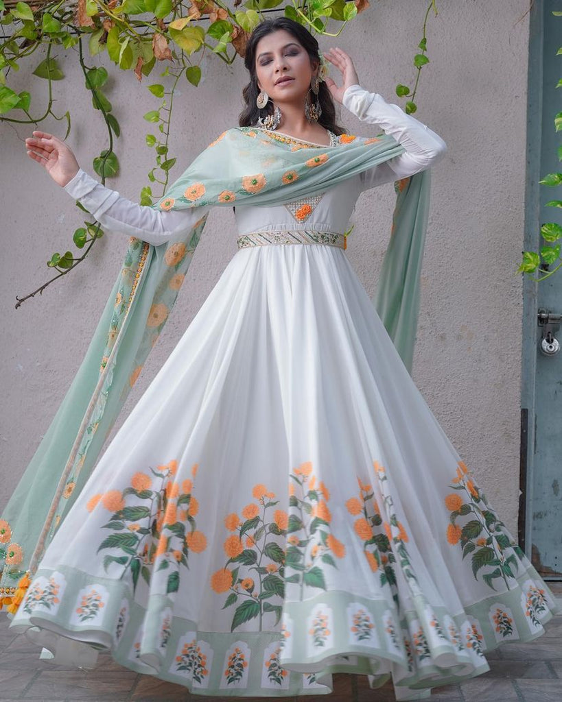 White Color Embroidery Work & Digital Printed Gown Clothsvilla