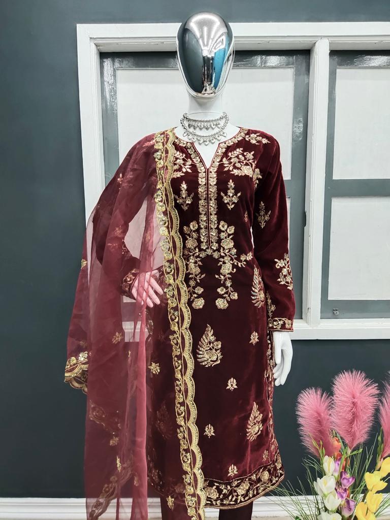 Maroon Color Embroidery & Sequence Work Velvet Salwar Suit Clothsvilla